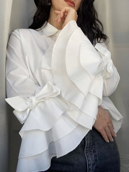 

Daily Elegant Long sleeve Plain Shirt Collar Blouse, White, Blouses and Shirts
