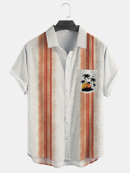 

Coconut Tree Pattern Short Sleeve Bowling Shirt, Beige, Men Shirts