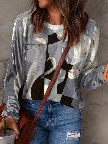 

Cat Crew Neck Animal Casual Regular Fit Top, Multicolor, Tops