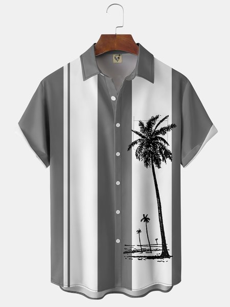 

Coconut Tree Chest Pocket Short Sleeve Bowling Shirt, Gray, Men Shirts