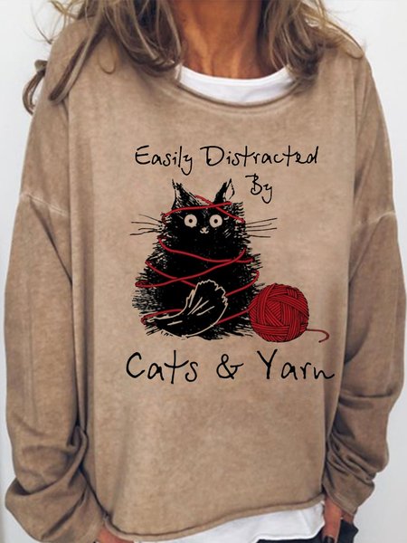 

Women's Easily Distracted by Cats & Yarn Ladies Casual Letters Sweatshirt, Light brown, Hoodies&Sweatshirts