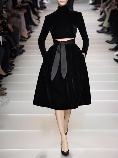 

Velvet Half Turtleneck Elegant Plain Dress & Party Dress, Black, Midi Dresses