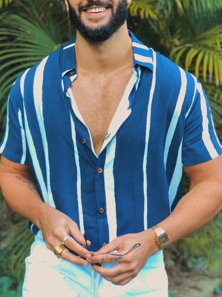 

Striped Short Sleeve Casual Shirt, Blue, Short Sleeve Shirts