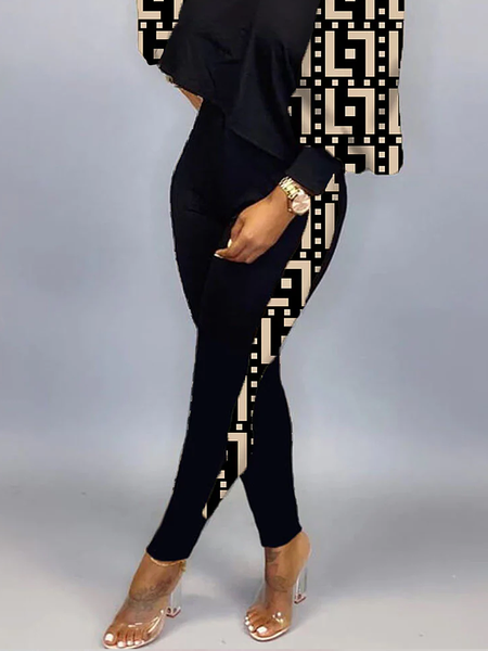 

High Elasticity Tight Casual Geometric Casual Long Pants, Black, Pants