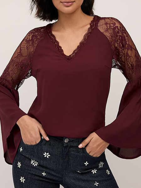 

Casual Plain Loose V Neck Top, Wine red, Tops