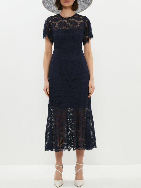 

Elegant Floral Regular Fit Lace Dress & Party Dress, Navy blue, Midi Dresses