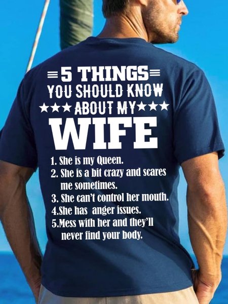 

Men's 5 Things You Should Know About My Wife Funny Graphic Print Cotton Crew Neck Text Letters Casual T-Shirt, Purplish blue, T-shirts