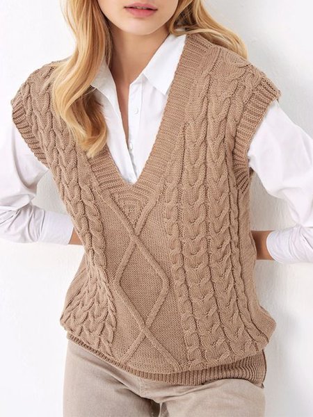 

Casual Loose V Neck Sweater, Khaki, Clothing