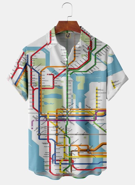 

New York Metro Map Chest Pocket Short Sleeve Casual Shirt, White, Men Shirts