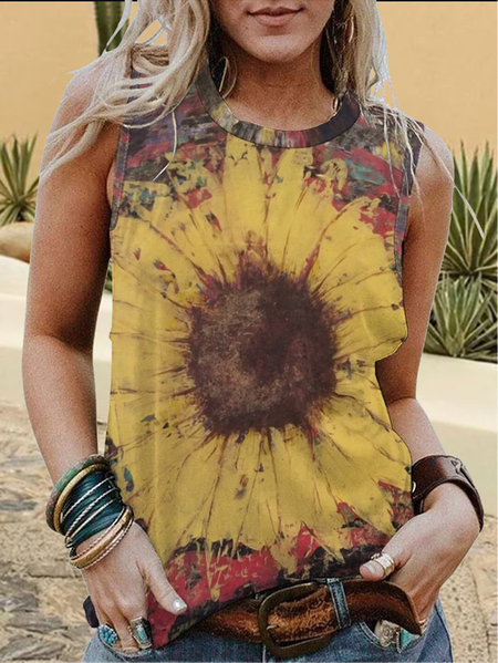 

Lilicloth x Kat8lyst Abstract Sunflower Print Crew Neck Tank Top, As picture, Tank Tops