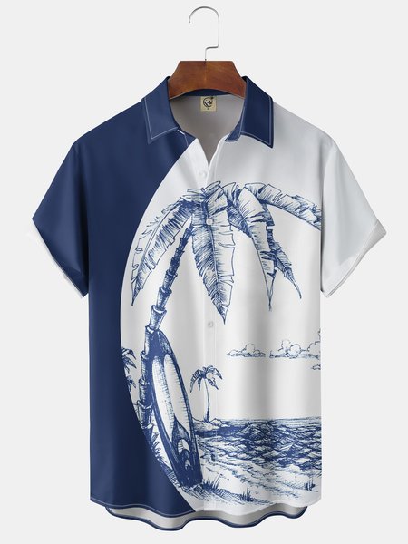 Coconut Tree Chest Pocket Short Sleeve Hawaiian Shirt, Blue, Short Sleeve Shirts