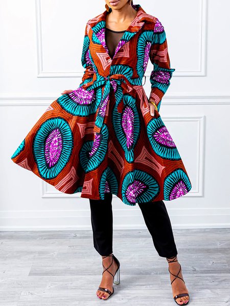 

Urban Lapel Collar Ethnic Geometry Print Trench Coat, Multicolor, Coats
