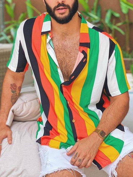 

Color Block Striped Short Sleeve Casual Shirt, Green, Short Sleeve Shirts