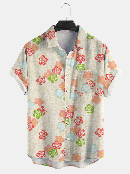 

Ukiyoe Sakura Print Short Sleeve Casual Shirt, Khaki, Men Shirts
