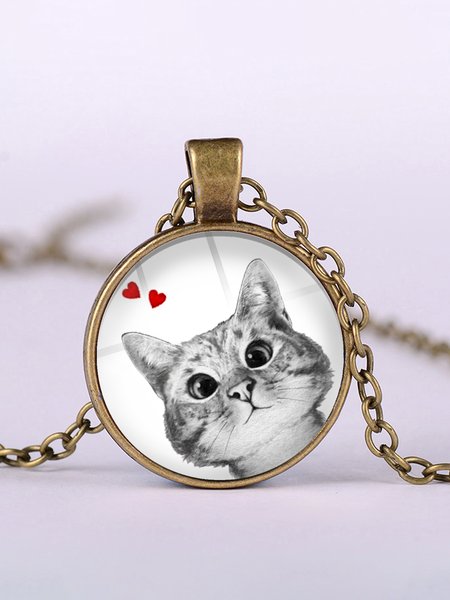 

Love Cat Pattern Time Gem Necklace Casual Daily Versatile Jewelry, Gunmetal, Necklaces