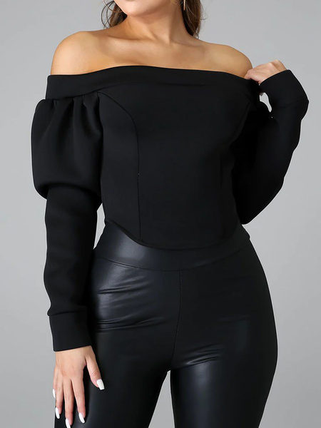 

Elegant Plain Regular Fit Cold Shoulder Long sleeve Sweatshirt, Black, Hoodies and Sweatshirts