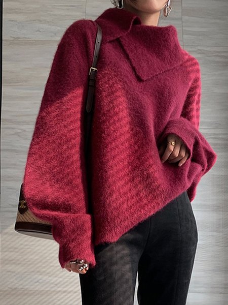 

Simple Loose Long sleeve Plain Sweater, Red, Pullovers