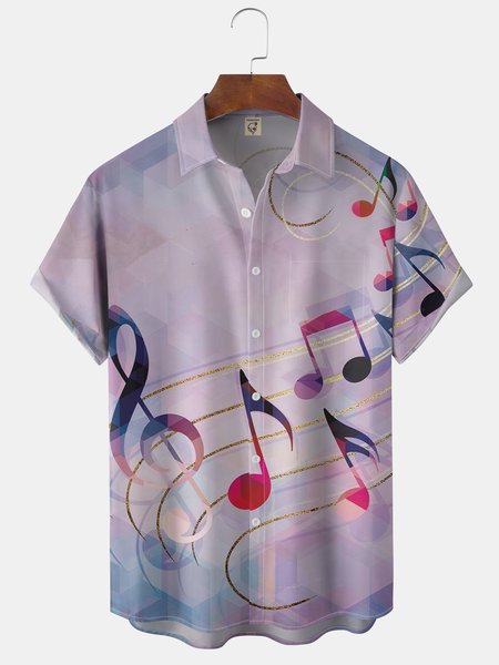 

Music Note Chest Pocket Short Sleeve Casual Shirt, Pink, Men Shirts