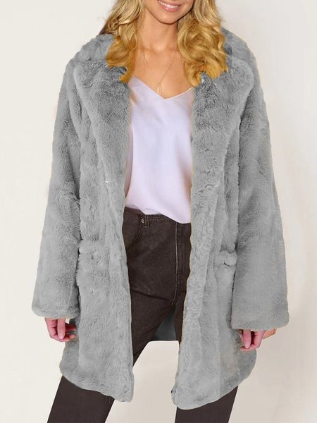 

Fluff/Granular Fleece Fabric Casual Loose Lapel Collar Coat, Gray, Outerwear
