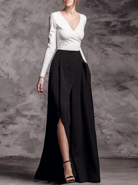 

V Neck Elegant Regular Fit Color Block Dress & Party Dress, Black-white, Maxi Dresses