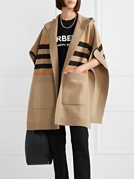 

Hoodie Loose Striped Simple Sweater Coat, Khaki, Cardigans