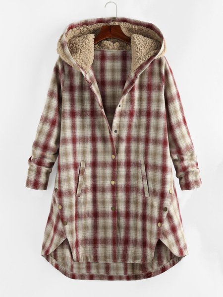 

Plaid Loose Fluff/Granular Fleece Fabric Casual Hoodie Overcoat, Red, Clothing