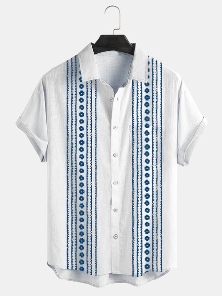 

Striped Chest Pocket Short Sleeve Bowling Shirt, White, Men Shirts