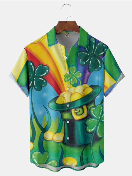 

St. Patrick's Day Clover Chest Pocket Short Sleeve Shirt, Green, Men Shirts