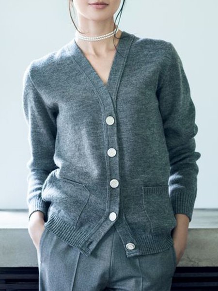 

V Neck Elegant Loose Buttoned Sweater Cardigan, Gray, Cardigans