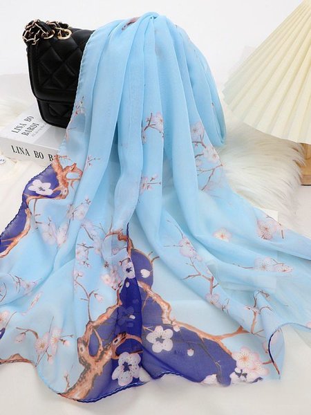 

Boho Vintage Ethnic Floral Pattern Silk Scarf Beach Vacation Accessories, Blue, Scarfs