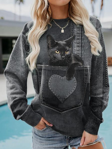 

Loose Casual Cat Crew Neck Sweatshirt, Black, Sweatshirts & Hoodies