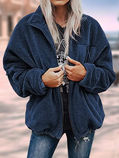 

Plain Casual Shawl Collar Teddy Jacket, Navy blue, Outerwear