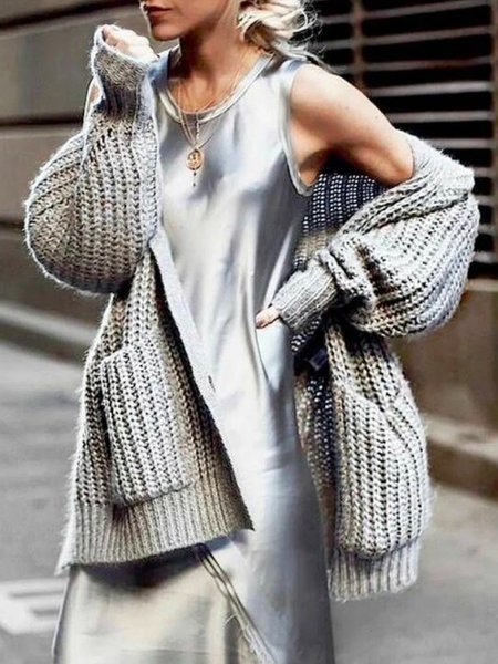 

Loose Urban Plain Simple Sweater Cardigan, Gray, Cardigans