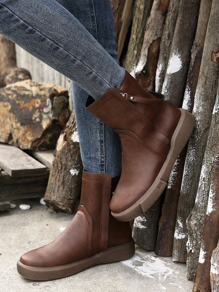 

Vintage Buckle Decor Side Zip Warm Lined Boots, Brown, Boots