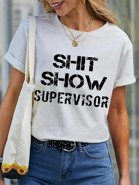 

Women's Funny Word Shit Show Supervisor Simple Text Letters Cotton Loose T-Shirt, White, T-shirts
