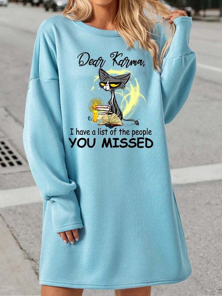 

Women's Funny karma letter Grumpy Cat Crew Neck Casual Dress, Blue, Dresses