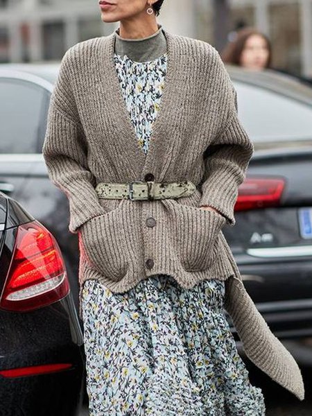 

V Neck Plain Urban Sweater Cardigan, Coffee, Cardigans