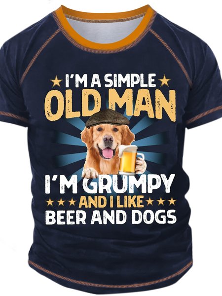 

Men's I Am A Simple Old Man I Am Grumpy And I Like Beer And Gogs Funny Graphic Print Text Letters Regular Fit Casual Crew Neck T-Shirt, Dark blue, T-shirts