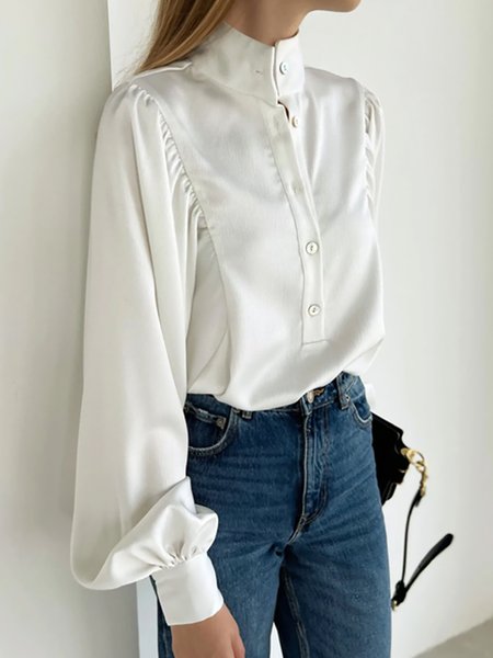 

Elegant Plain Loose Stand Collar Blouse, White, Blouses and Shirts