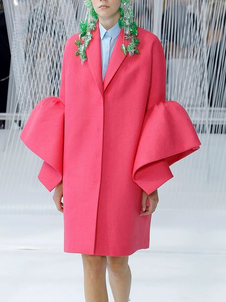 

Lapel Collar Plain Loose Elegant Overcoat, Rose red, Coats
