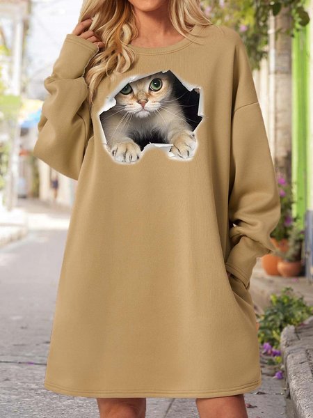 

Women's cute 3D Cat Print Casual Crew Neck Dress, Beige, Dresses