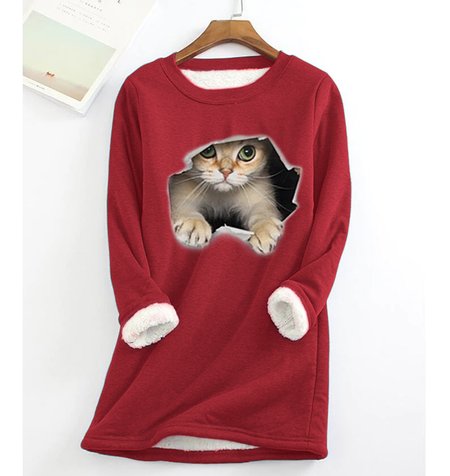 

Women Casual Crew Neck 3D Cat Winter Warm Plush Lined Pullover Sweatshirt, Red, Hoodies & Sweatshirts
