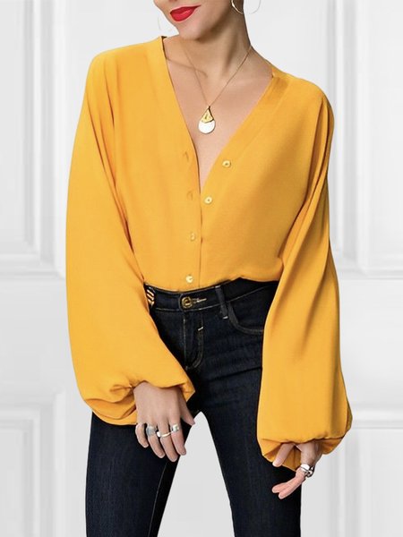 

Plain Loose Elegant Long Sleeve Blouse, Yellow, Blouses and Shirts
