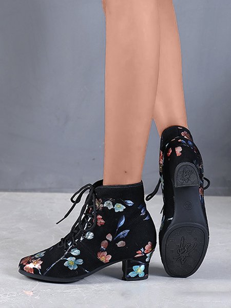 

Ethnic Floral Printing Comfy Sole Dancing Boots, Black, Boots