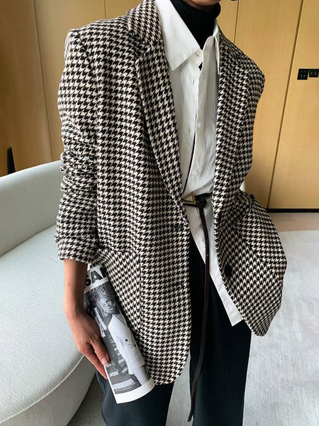 

Houndstooth Urban Lapel Collar Loose Blazer, Black-white, Blazers