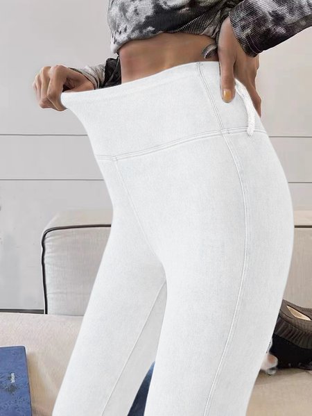 

JFN High Waist Elastic Plain Washed Denim Leggings, White, Leggings