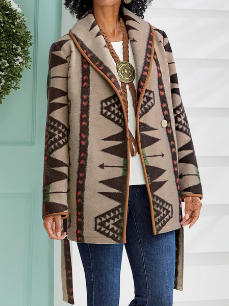 

Ethnic Lapel Collar Ethnic Overcoat With Belt, Khaki, Coats