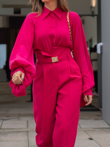 

Shirt Collar Loose Long sleeve Plain Urban Blouse, Red, Blouses and Shirts