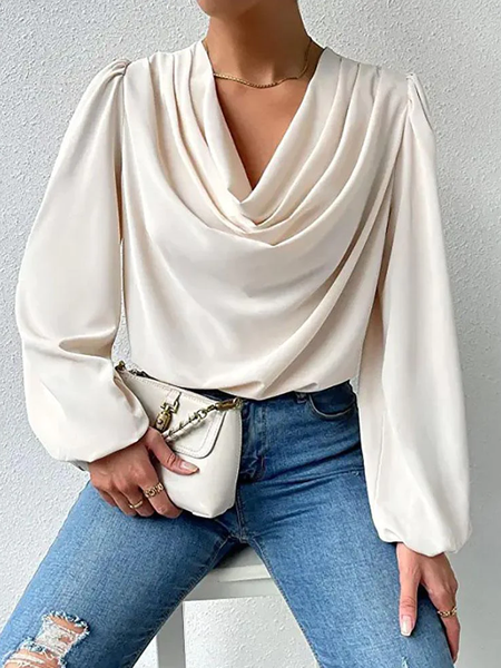 

Loose Urban Plain Long sleeve Blouse, Apricot, Blouses and Shirts