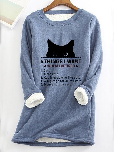

Crew Neck Fluff/Granular Fleece Fabric Casual Loose Cat Sweatshirt, Blue, Hoodies & Sweatshirts